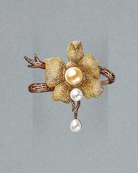 Design rendering of the Orange Blossom Orchid cuff with golden and white pearls