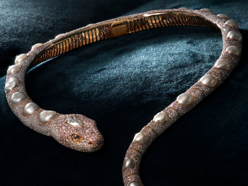 The AUTORE Enchantress Necklace, a pavé serpent set with South Sea pearls