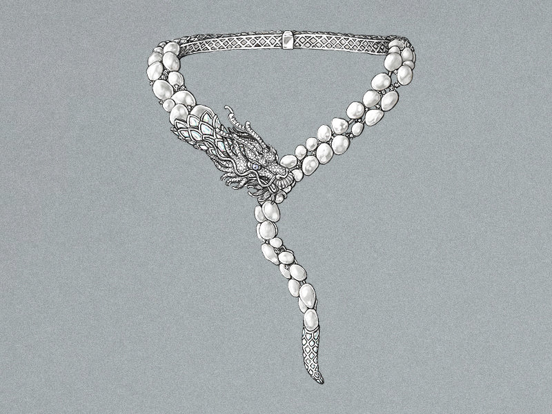 Design rendering of the Dragon Necklace in diamonds and white South Sea pearls