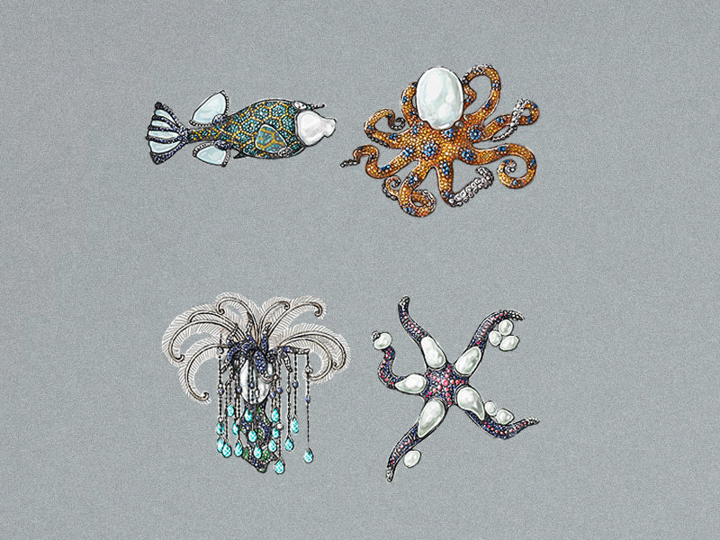 Design renderings of Oceania brooches: a fish, an octopus, a jellyfish and a starfish