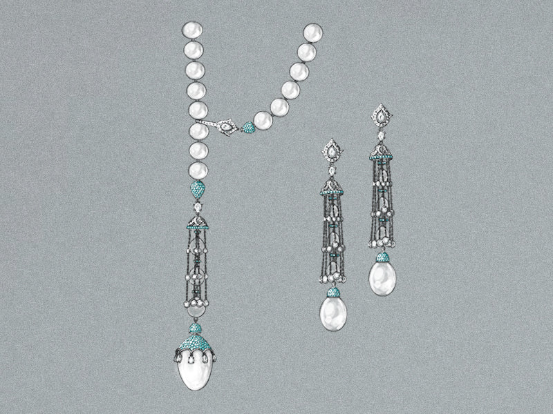 Design rendering of the Princess of the Lagoon necklace and matching earrings