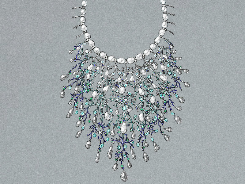 Design rendering of the Queen of Atlantis bib necklace of pearls and coral-like branches