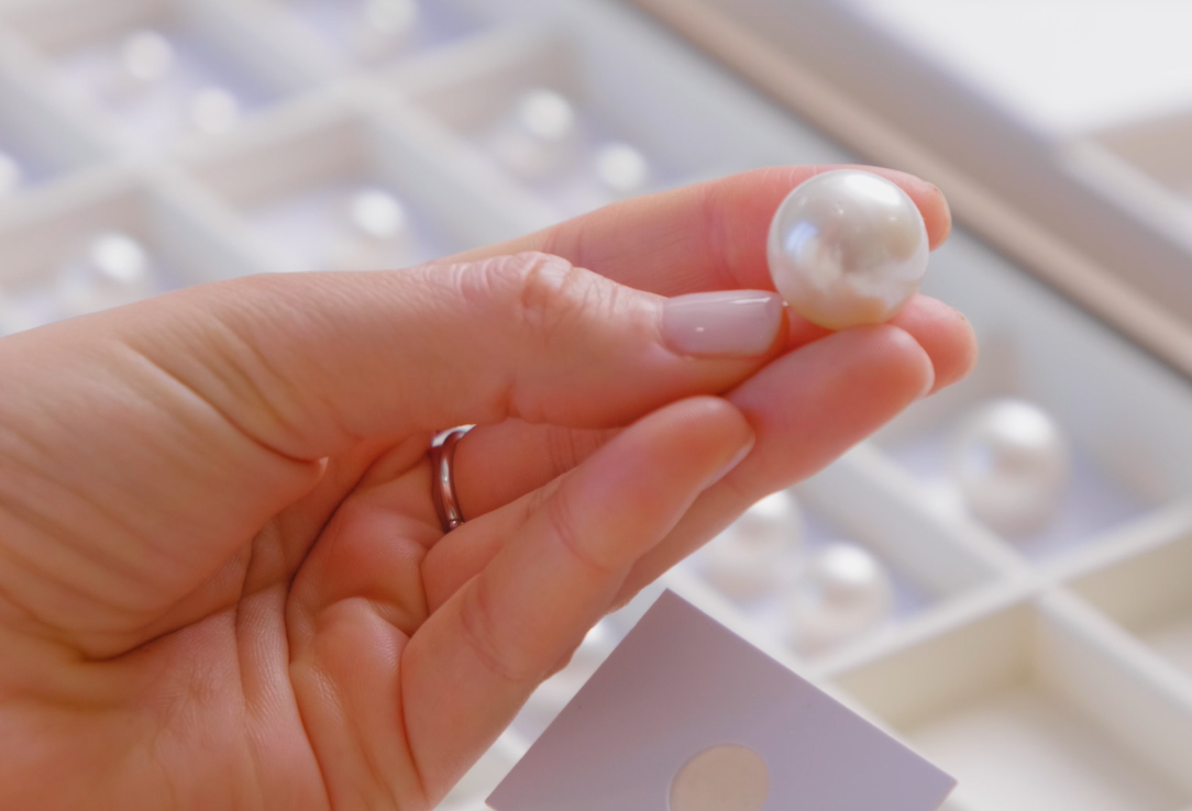 A hand holding a single lustrous white South Sea pearl above a grading tray