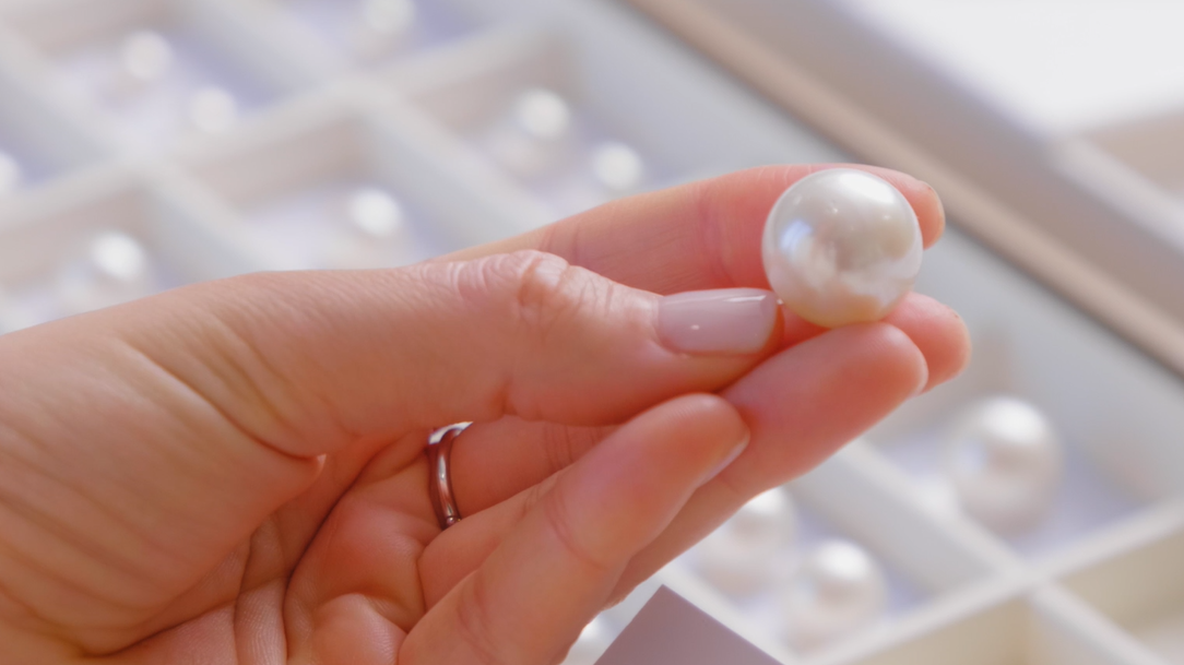 A hand holding a South Sea pearl above grading trays of pearls