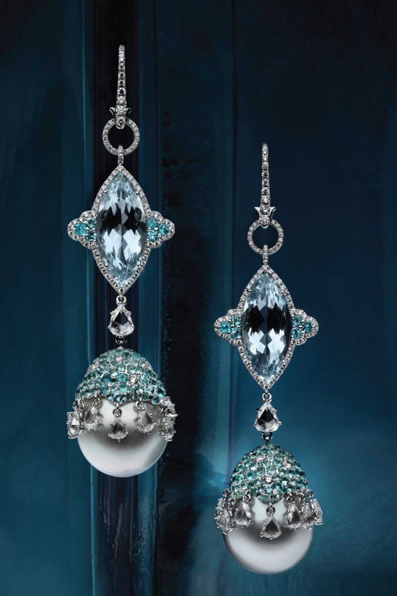 Venezia drop earrings with aquamarine, diamonds and white South Sea pearls
