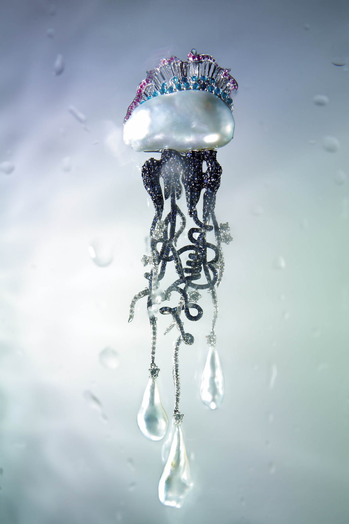 Oceania jellyfish pendant with a baroque South Sea pearl and trailing pearl drops